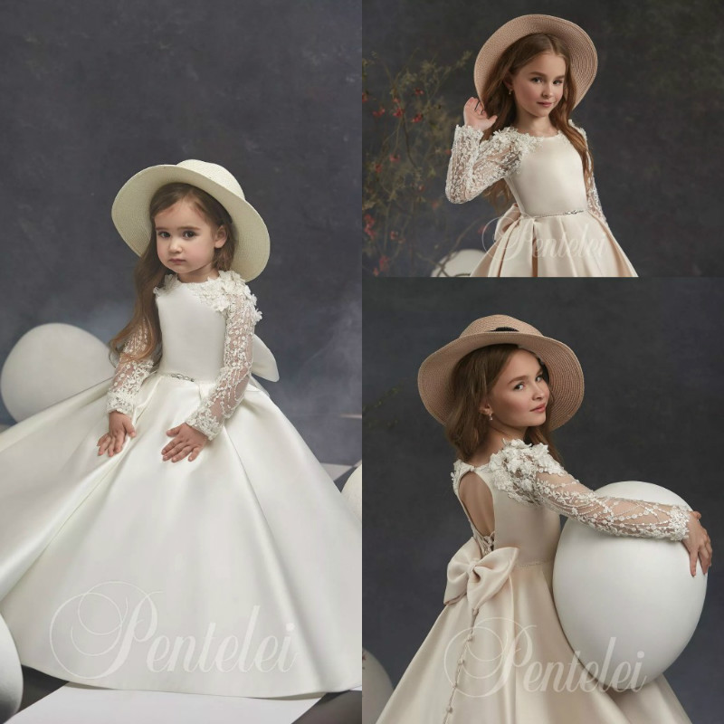 Cute Ball Gown Flower Girl Dresses Jewel Long Sleeve Hollow Lace Applique Hand Made Flower Pageant Dress Floor Length Girl's Birthday Party