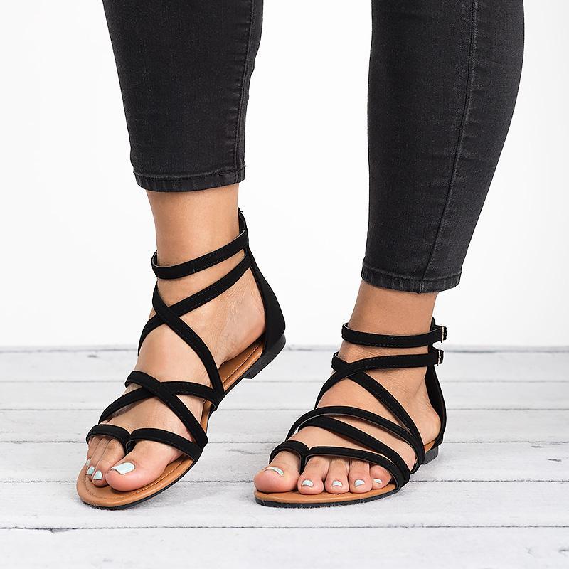 Hot Sale-Women Gladiator Flat Sandals Summer Cover Heel Rome Sandals Female Solid Zipper Women 2019