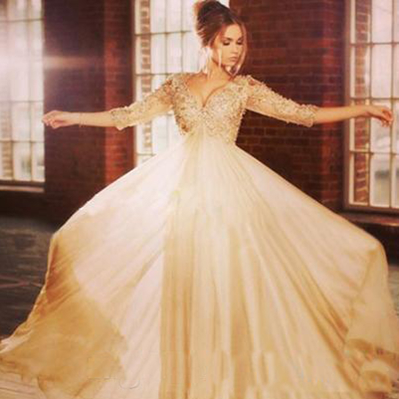 Modern Champagne Chiffon A Line Evening Dresses Luxury Beading Pearls With Sleeves Prom Party Gowns V Neck Formal Dresses