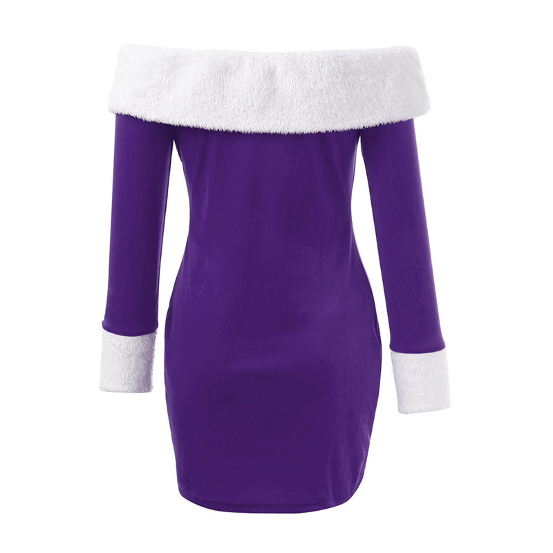 Red Christmas Costume Santa Sweetie Adult Women Velvet Off-shoulder Long Sleeve Bodycon Mini Dress With White Furzzy Trim (Without Hat)