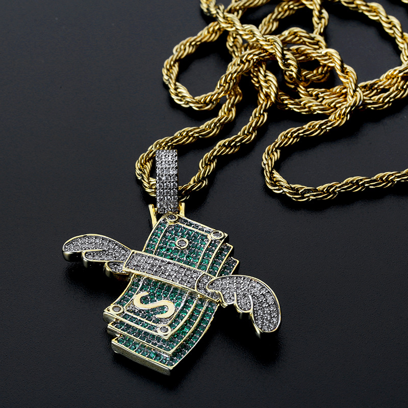 Rap Flying Dollar Pendant Necklace Hip Hop Shining Men Women 18K Gold Plated Pendant Necklace Jewelry