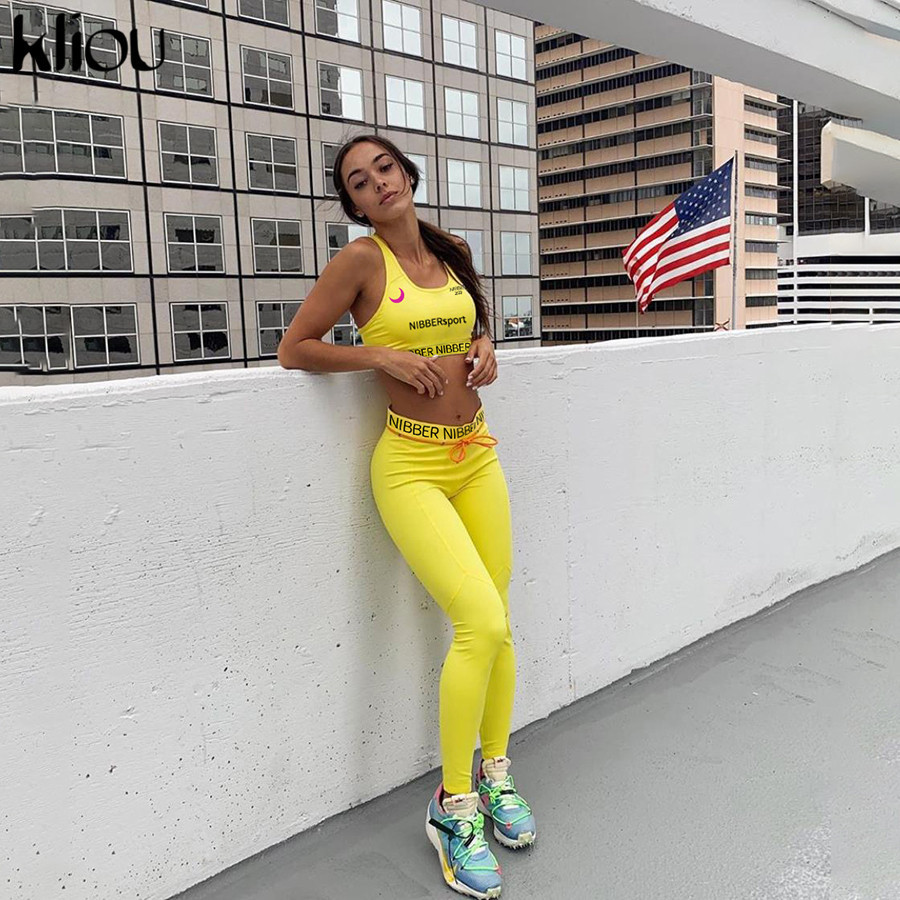 kliou women outfits skinny stretch two pieces set High elastic fitness tracksuit skinny stretch outwear slim Leggings Sportswear T200616