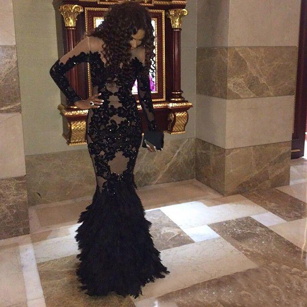 Black Feather Prom Dresses With Long Sleeves Sheer Champange Arabic Evening Gowns Real Tulle Mermaid Formal Dresses Gowns Plus Size