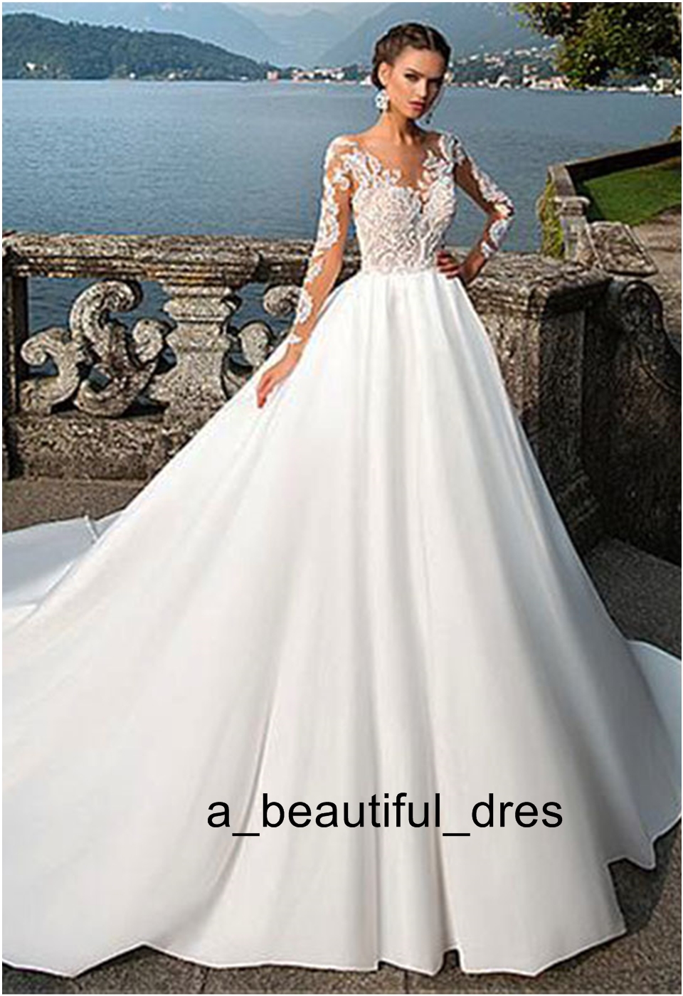 Satin V-Neck A-Line Wedding Dresses With Lace Appliques Long Sleeves Bridal Dress Wedding Gowns vestido longo de festa Bridal Dresses