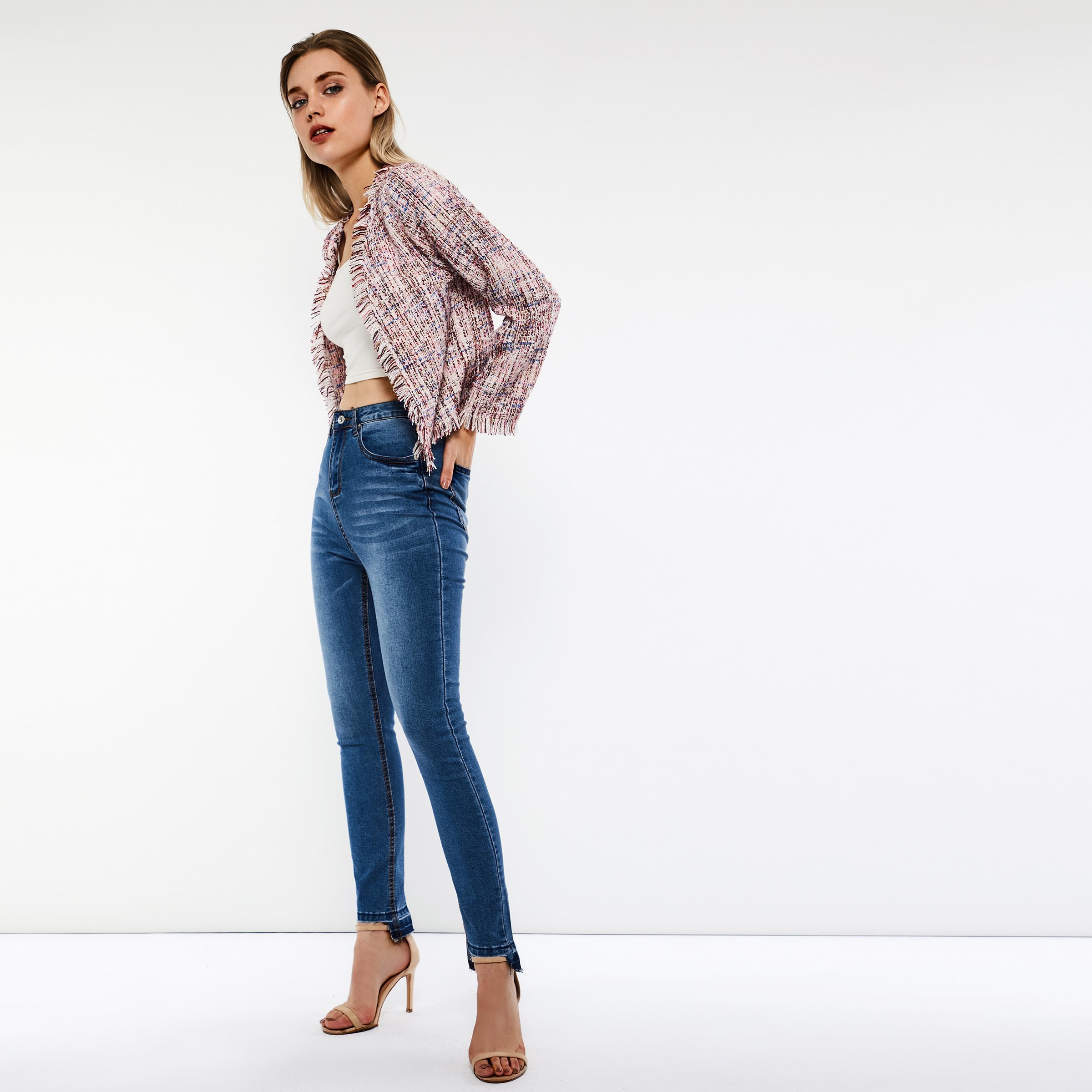 Women Vintage Spring Sweet Pink Tweed Short Jacket Coat Office Lady Work Retro Boho Tassel Slim Outerwear Jackets Coats C19041501