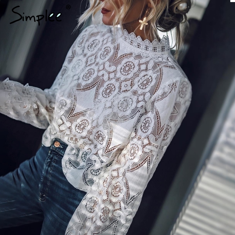 Simplee Elegant White Lace Blouse Shirt Sexy Hollow Out Embroidery Feminine Blouse Women Long Lantern Sleeve Summer Tops Female Y190510