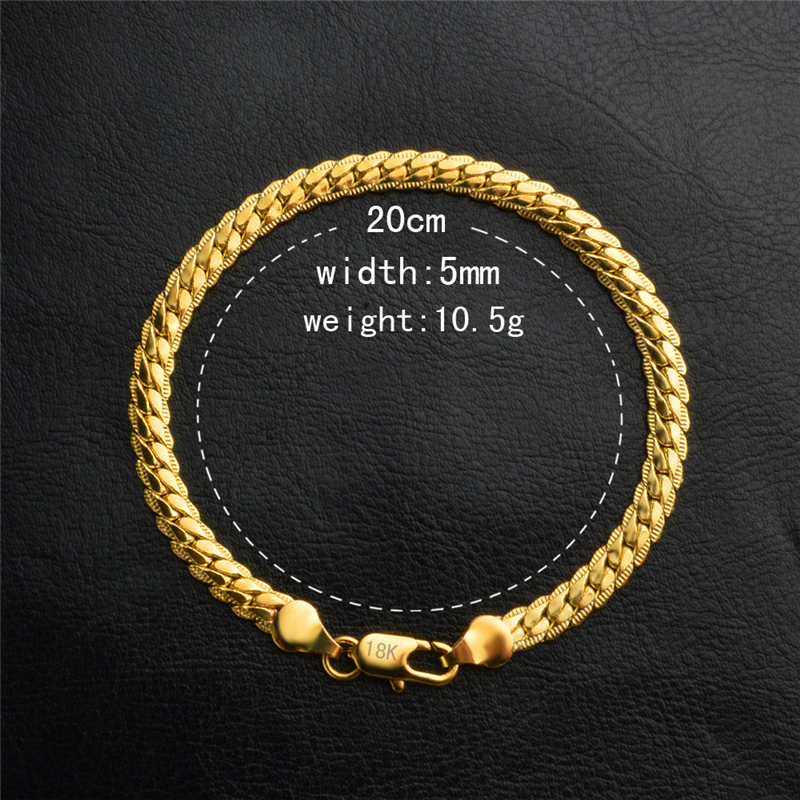 18K Gold Plated Bracelets Men 5mm Flat Chain Bracelet with Stamp Fashion Jewelry Birthday Christmas Gift for Women Party 20cm