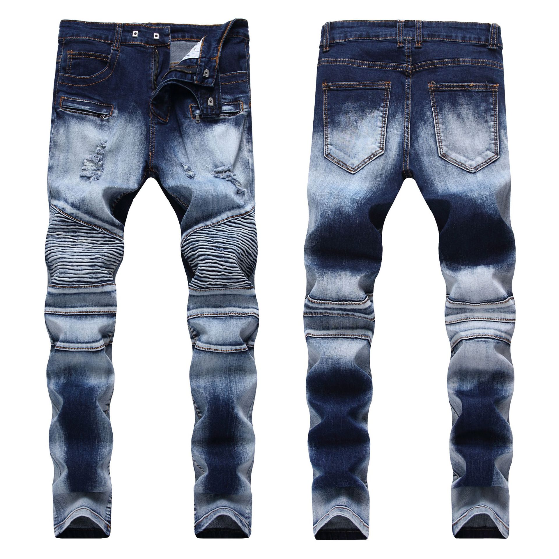 21 Styles Mens Jeans Fold Motorcycle Pants Straight Slim Fit Ripped Hole Washed Fashion Trousers Pencil Pants Street