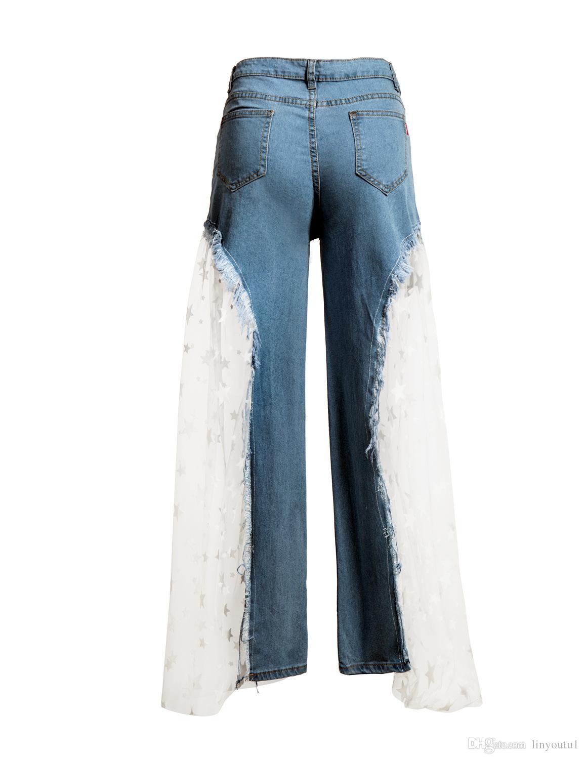 2020 Sexy Women Wide Leg Pants Sheer Mesh Star Print Splice Denim Pants High Waist Casual Loose Pants Jeans Fashion Party Trousers