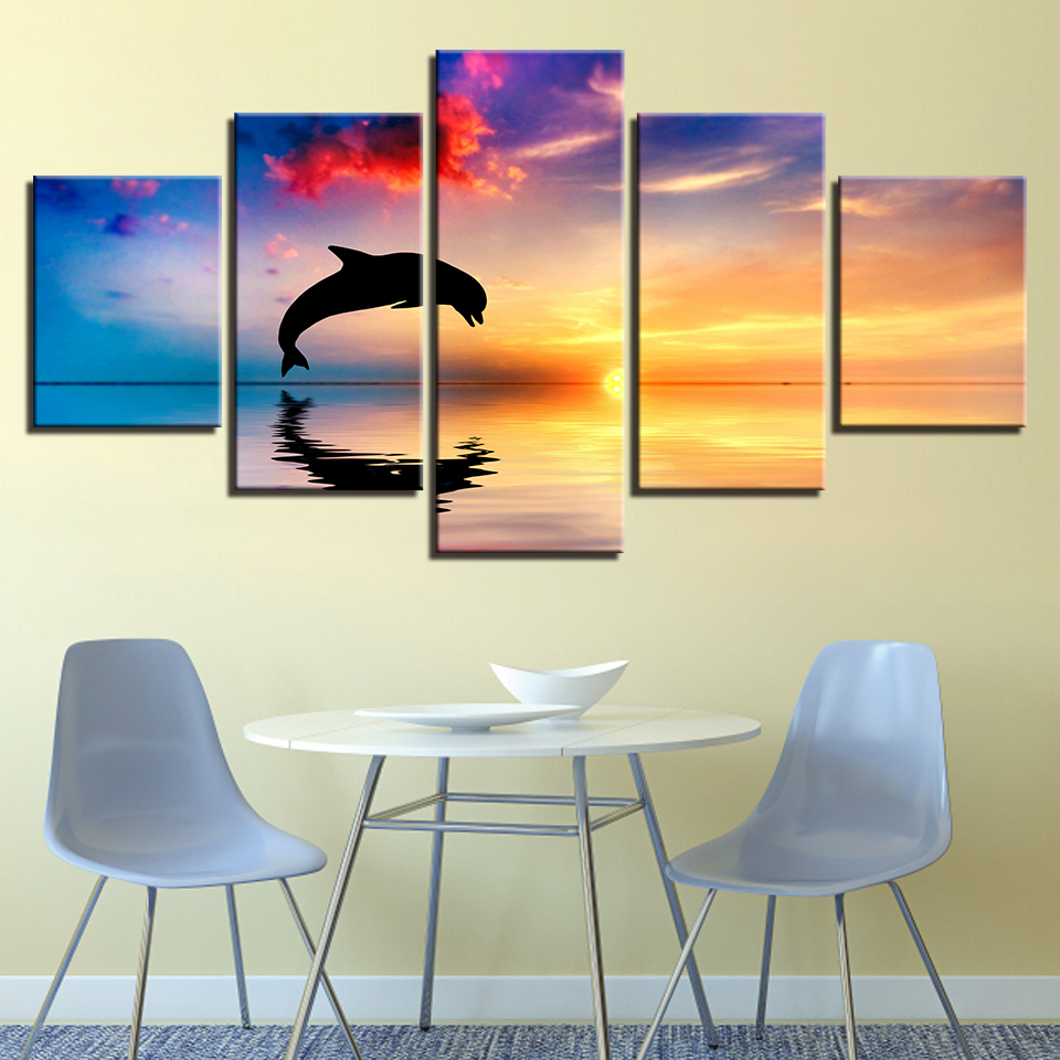 Canvas HD Prints Pictures Living Room Wall Art 5 Pieces Dolphins Swim Jump Paintings Home Decor Sunset Seascape Poster No Frame