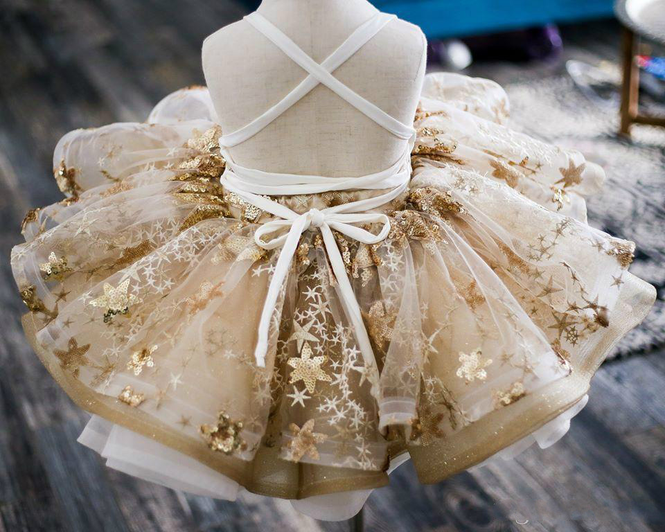 Mini Short Flower Girls Dresses Gold Sequins Appliques Kids Teens Pageant Gowns Birthday Party Dress For Wedding Cooktail Wear