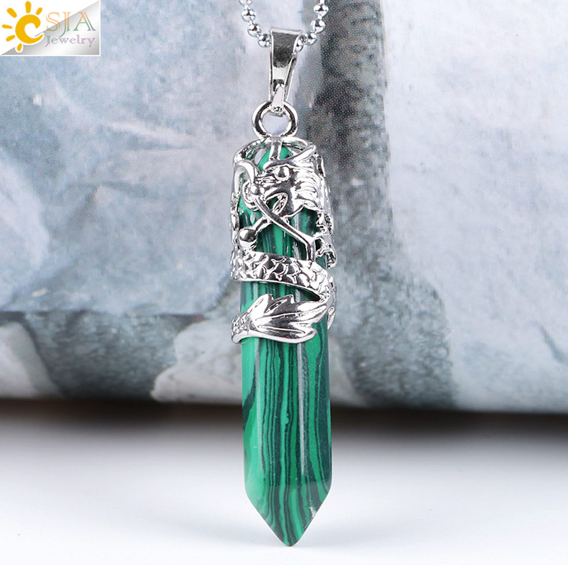 Dragon Tribe Totem Natural Stone Hexagonal Crystal Quartz Prism Ethnic Pendant Necklace Hanging Jewelry for Women Men