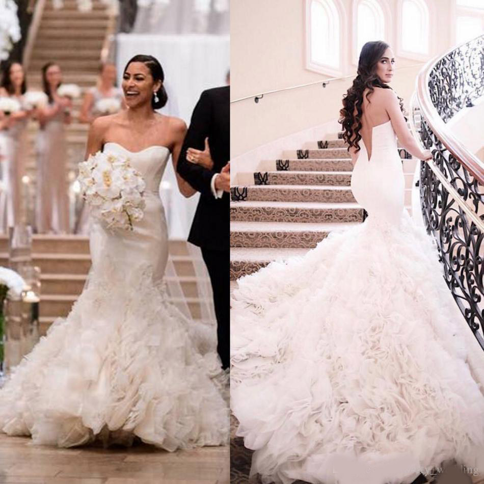 Luxury Ruffles Cathedral Train Wedding Dresses 2020 Strapless Stain Backless Mermaid Trumpet Bride Church Castle Wedding Gown