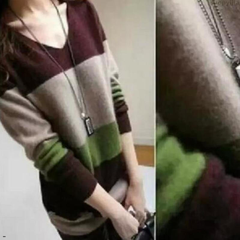 New casual V-neck knitted pullover women stitching cashmere sweater autumn and winter striped, As pic
New casual V-neck knitted pullover women stitching cashmere sweater autumn and winter striped, As pic