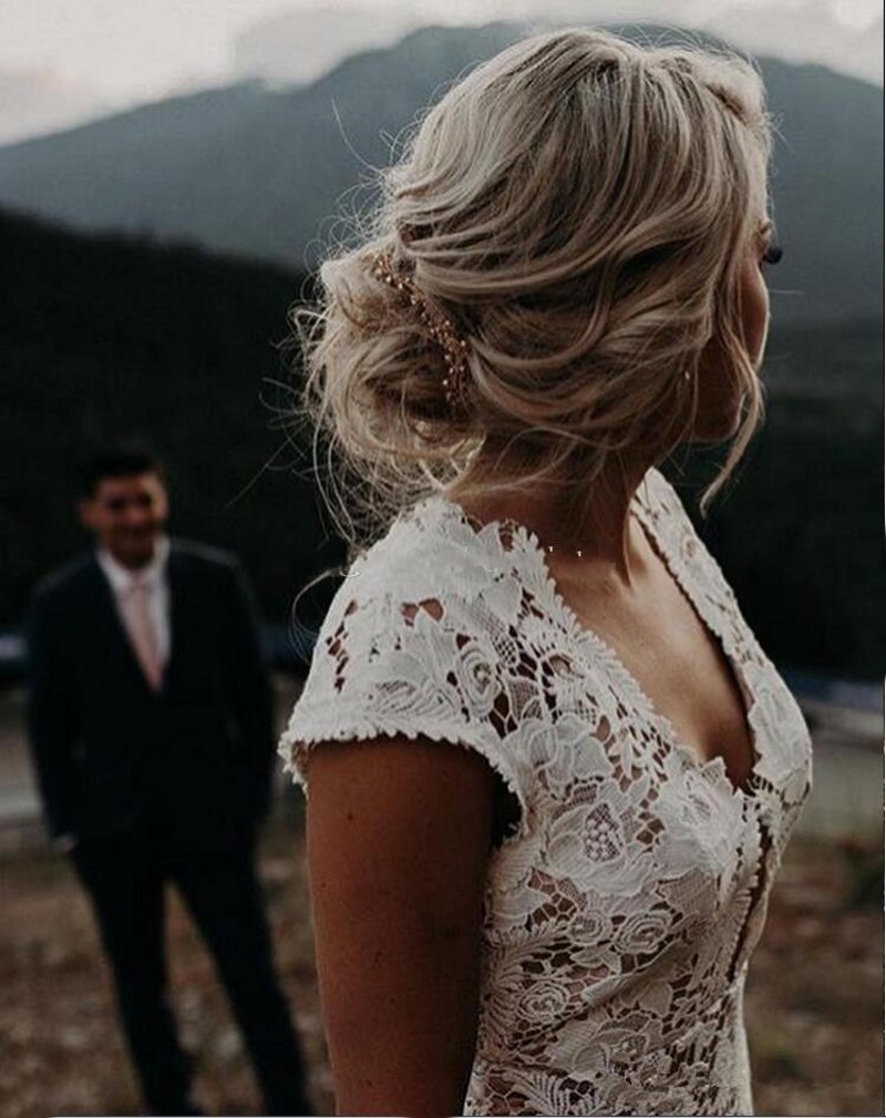 Vintage Bohemian Wedding Dresses Retro Backless Cap Sleeve Full Cotton Lace Hippie Country Garden Mermaid Bridal Gowns aso ebi dresses