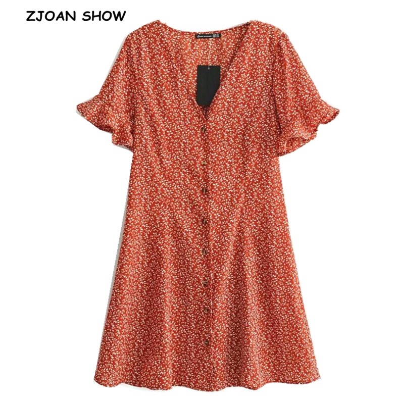 2020 Women New Retro Flare Short Sleeve Floral Dress Orangered Vintage Single-Breasted Button V neck Slim fit Short Dresses, Orange
2020 Women New Retro Flare Short Sleeve Floral Dress Orangered Vintage Single-Breasted Button V neck Slim fit Short Dresses, Orange