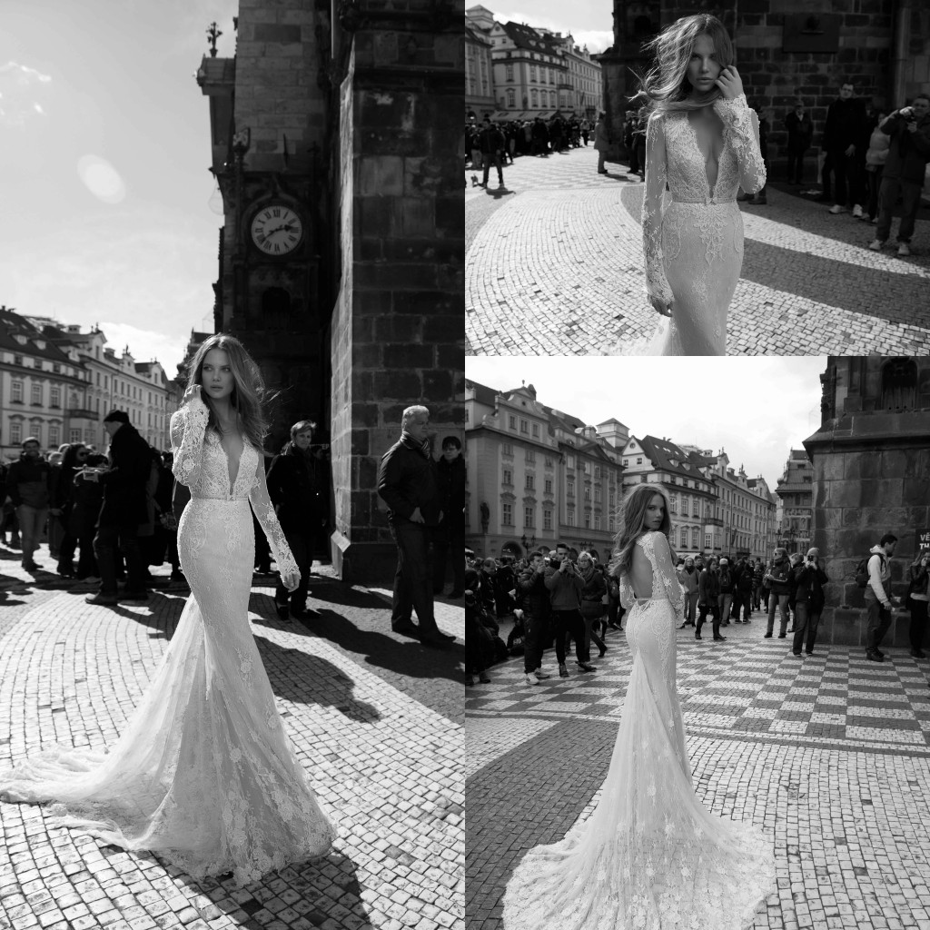 2019 Berta New Arrival Long Sleeves Lace Mermaid Wedding Dresses Spring Plunging V Neck Hollow Back Sweep Train Bridal Gowns With Sash BA026, White
2019 Berta New Arrival Long Sleeves Lace Mermaid Wedding Dresses Spring Plunging V Neck Hollow Back Sweep Train Bridal Gowns With Sash BA026, White