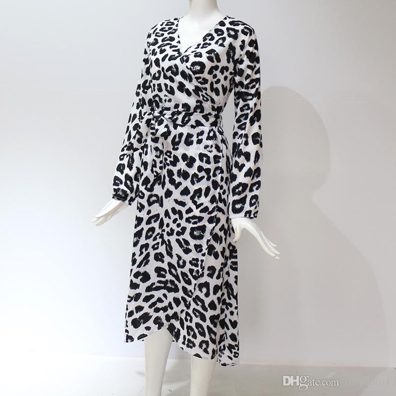 Leopard Dress 2020 Women Chiffon Long Beach Dress Loose Long Sleeve Deep V-neck A-line Sexy Party Dress