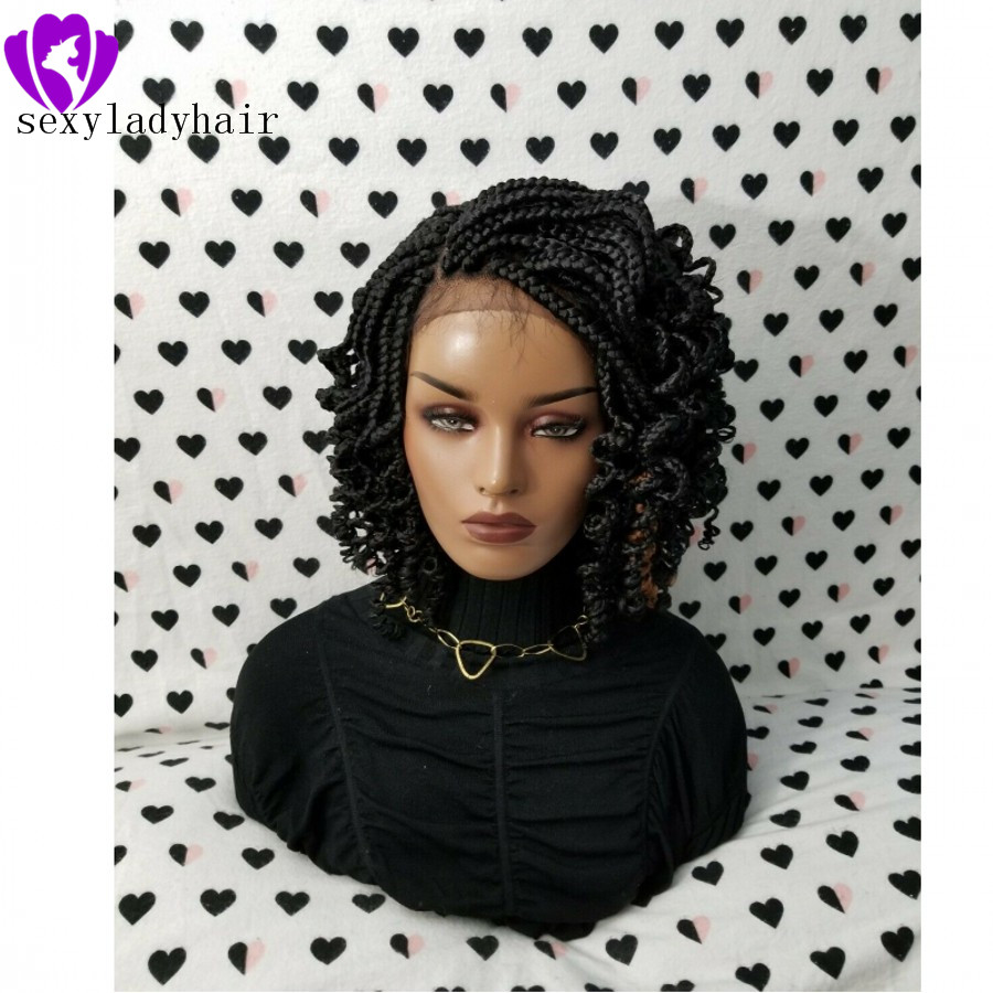 2020 NEW lace frontal short Braided Wigs for Black Women Synthetic Lace Front braids Wig with curly tips Baby Hair