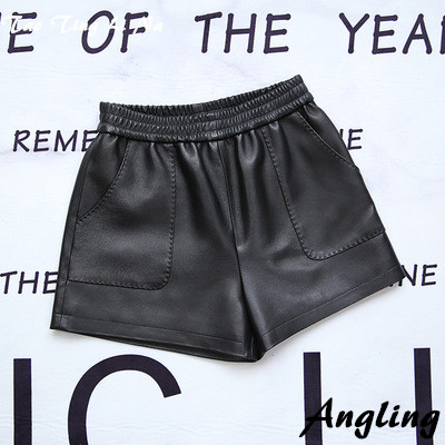 2020 Women Spring Genuine Real Sheep Leather Shorts E47, Black