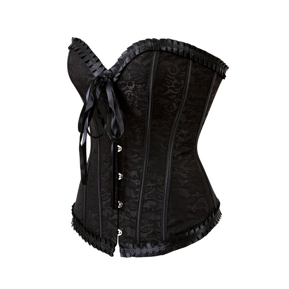 Women Burlesque Corset Skirt Outfit Plus Size S-6XL Jacquard Lace Mesh Overlay Ruffle Trim Overbust Corset with Black Flocked Hi-lo Skirt