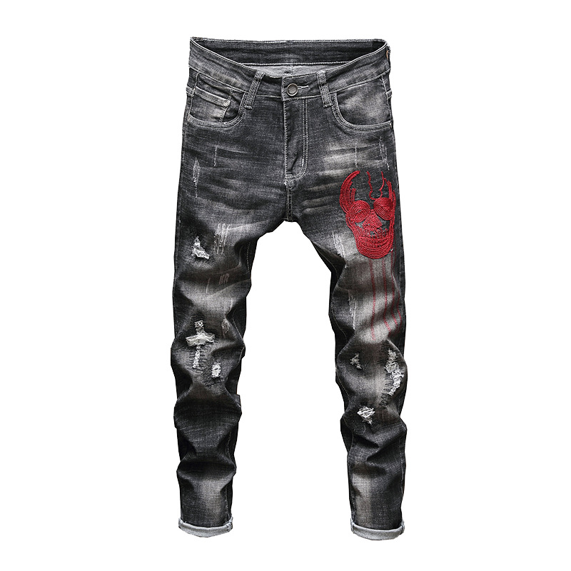 Ripped Moto Jeans for Men Male Jogger Jeans Fashionable Streetwear Hip-hop Skull Embroidery Washed Hole Design Black Slim, Jd1902
Ripped Moto Jeans for Men Male Jogger Jeans Fashionable Streetwear Hip-hop Skull Embroidery Washed Hole Design Black Slim, Jd1902