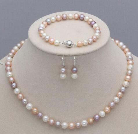7-8mm Natural Akoya Cultured Pearl Necklace18'' + Bracelet8'' + Earrings Jewelry Set Seller informati