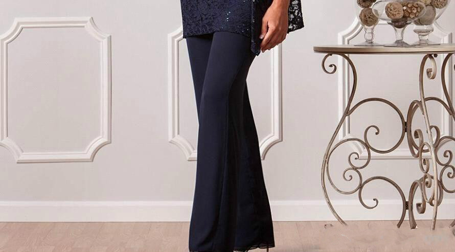 Vintage Navy Blue Formal Mother Of Bride Groom Pant Blouse Suits with Jacket Crew Long Sleevs New Plus Size Evening Dresses