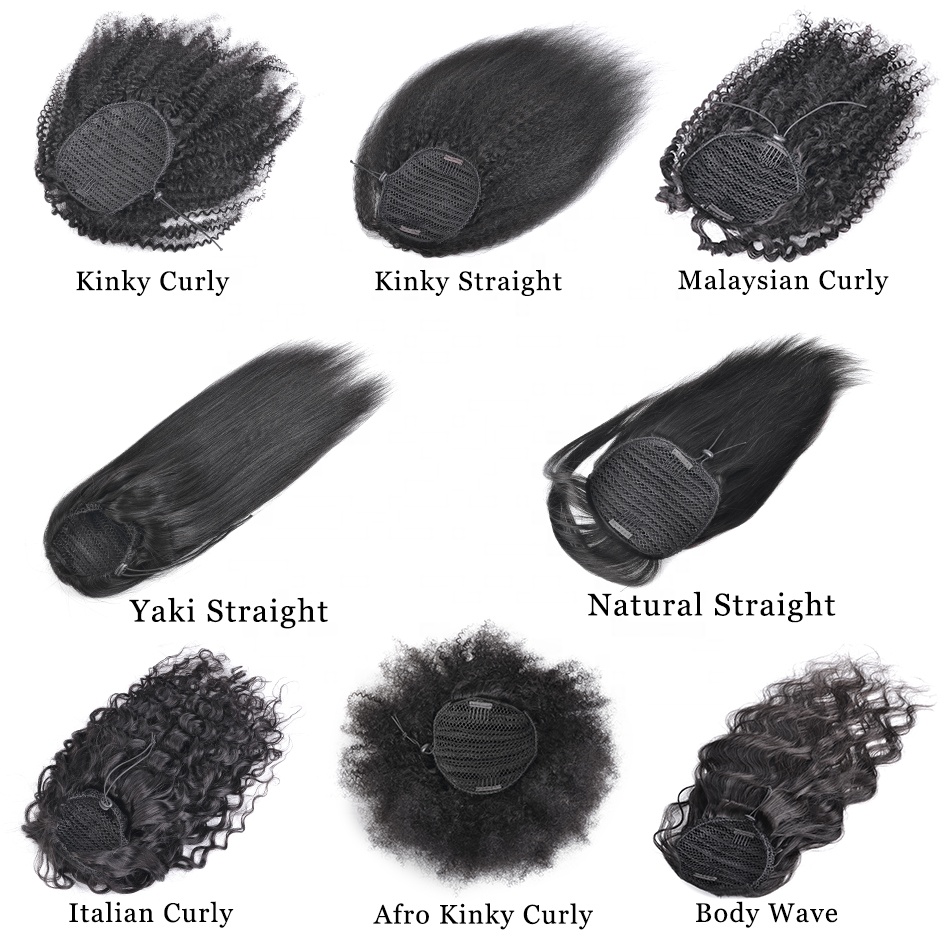 Isabelle Human Hair Ponytail Kinky yaki Hairpieces 1b hair natural blow out Coarse Yaki Straight Wraps cllips Ponytails Hair extensions
