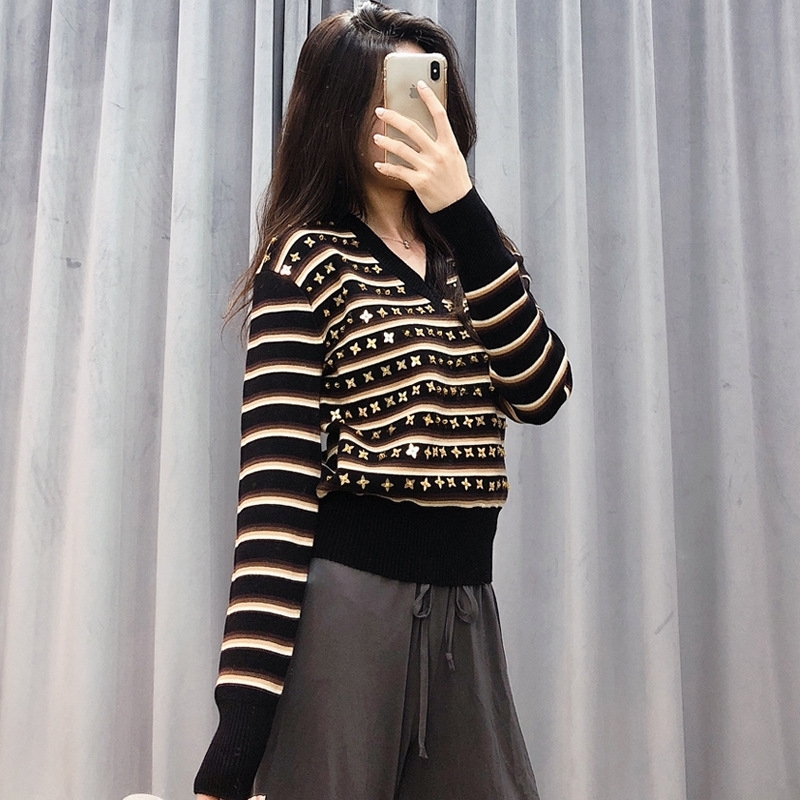 Spring/Summer 2020 High-end Quality Fashion Lady's Wool Blended V-neck Hand-made Golden Pointed Petal Sweater S-L