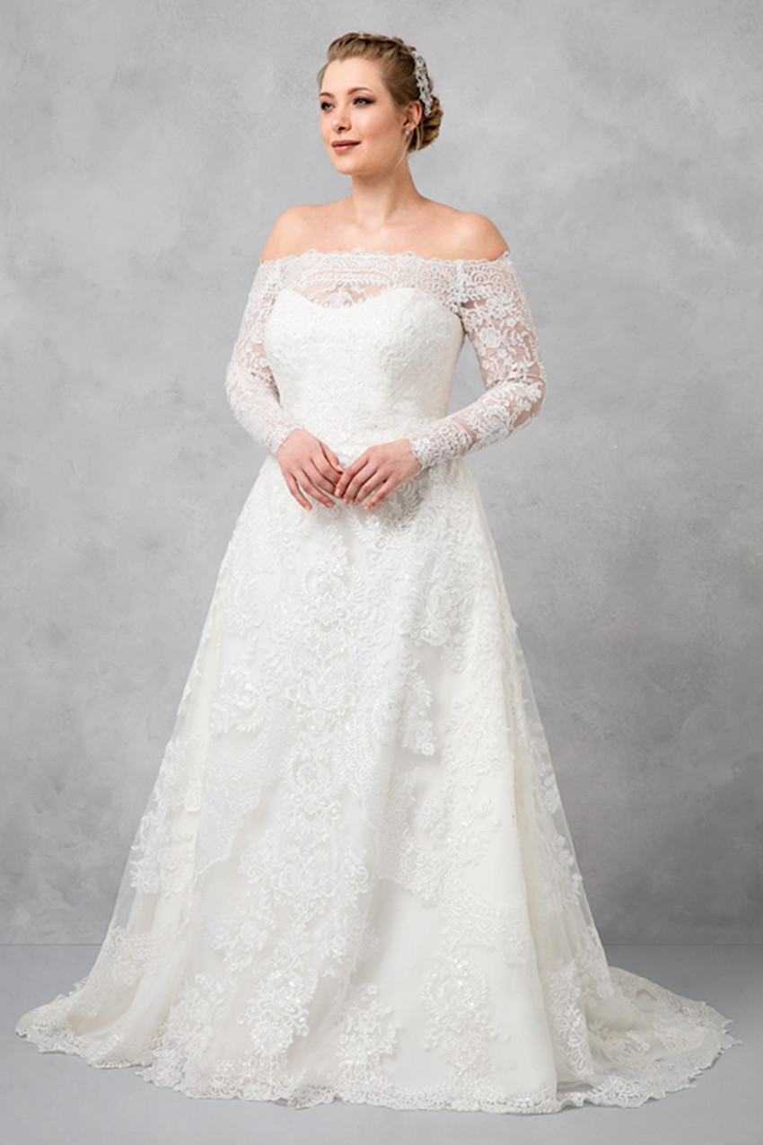 New 2020 Oleg Cassini Plus Size Wedding Dresses A Line Lace Appliqued Sweep Train Country Wedding Dress Long Sleeve Beach Wedding Dress 4318
