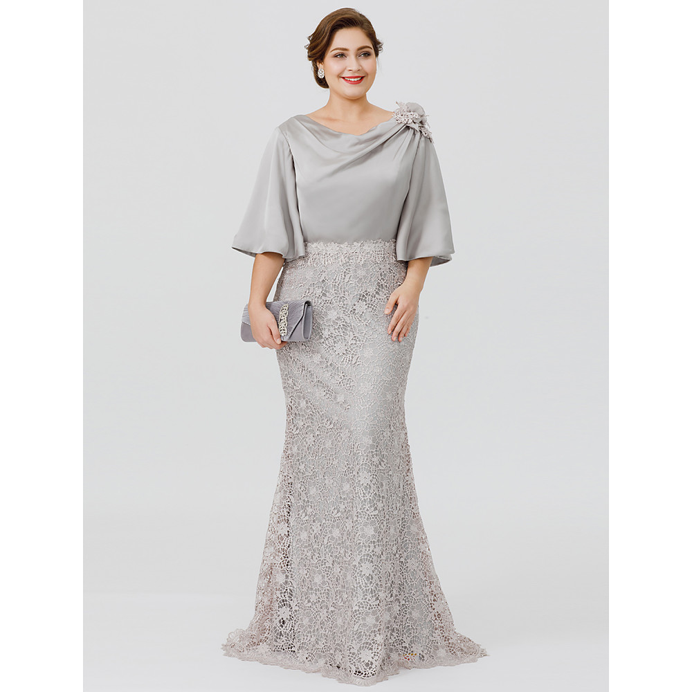 Silver Plus Size Mermaid Lace Mother Of The Bride Dresses With Half Sleeves Bateau Neck Wedding Guest Dress Floor Length Evening Gowns