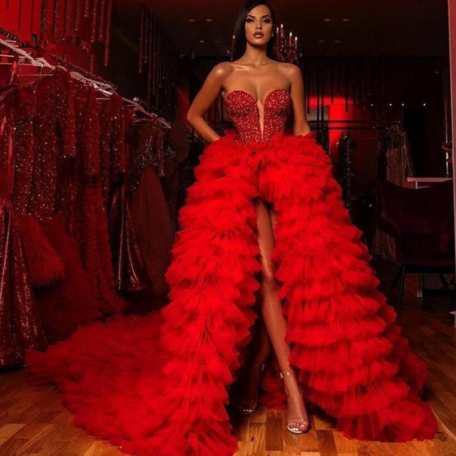 Stylish Red Sequined Front Split Prom Dresses Sheer Plunging Neck Beaded Tiered Evening Gowns Plus Size Sweep Train Tulle Formal D