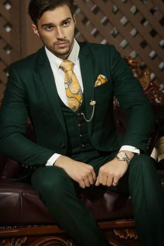 Dark Green Groom Tuxedos for Groomsmen Men Suit Peak Lapel Best Man Suits Wedding Men's Blazer Suits Custom Made (Jacket+Pants+Vest, Beige