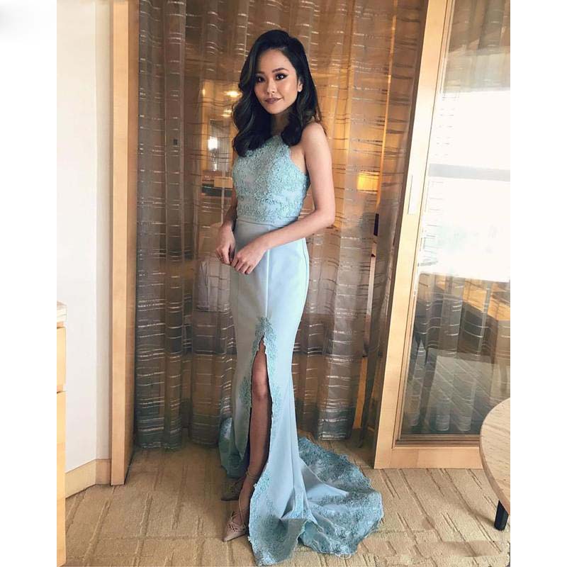 Evening Side Split Long Mermaid Prom Dresses Long Light Blue Lace Applique High Neck Buttons Back Women Party Gowns, Beige
Evening Side Split Long Mermaid Prom Dresses Long Light Blue Lace Applique High Neck Buttons Back Women Party Gowns, Beige