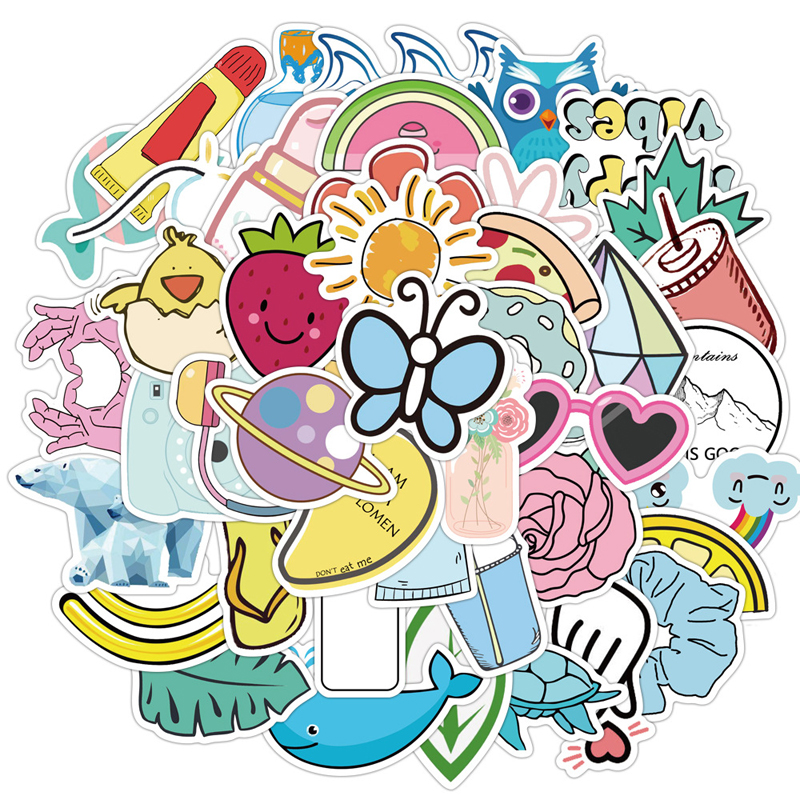 50pcs/Set Ins Style Yellow Pink Blue Cute Small Fresh Sticker Cup Computer Skateboard Waterproof Sticker Decoration Accessories
