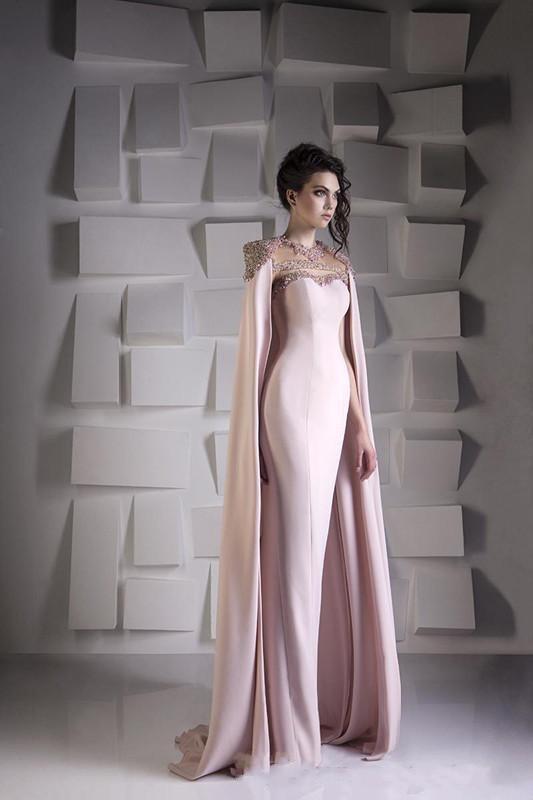 2022 Arabic Dubai Mermaid Pink Prom Dresses for Women Jewel Neck Crystal Beaded With Cape Wraps Floor Length Evening Dress Wear Party Gowns