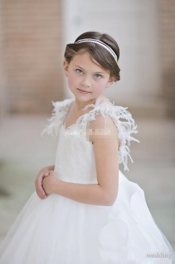 White Wedding Flower Girl Dresses with Crystal Appliques Feather A Line For Little Girls Backless Communion Birthday Party Dress