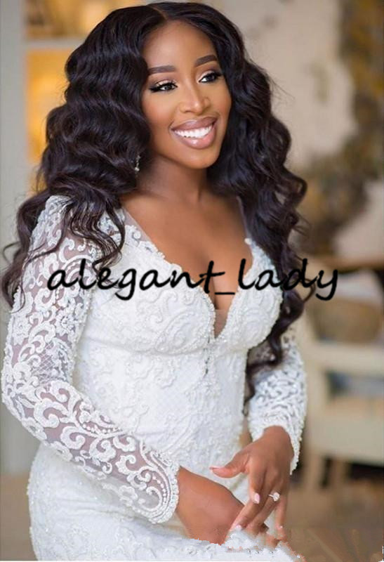 plus size mermaid wedding dresses with long sleeve modern detachable train lace pearls african garden beach wedding gowns