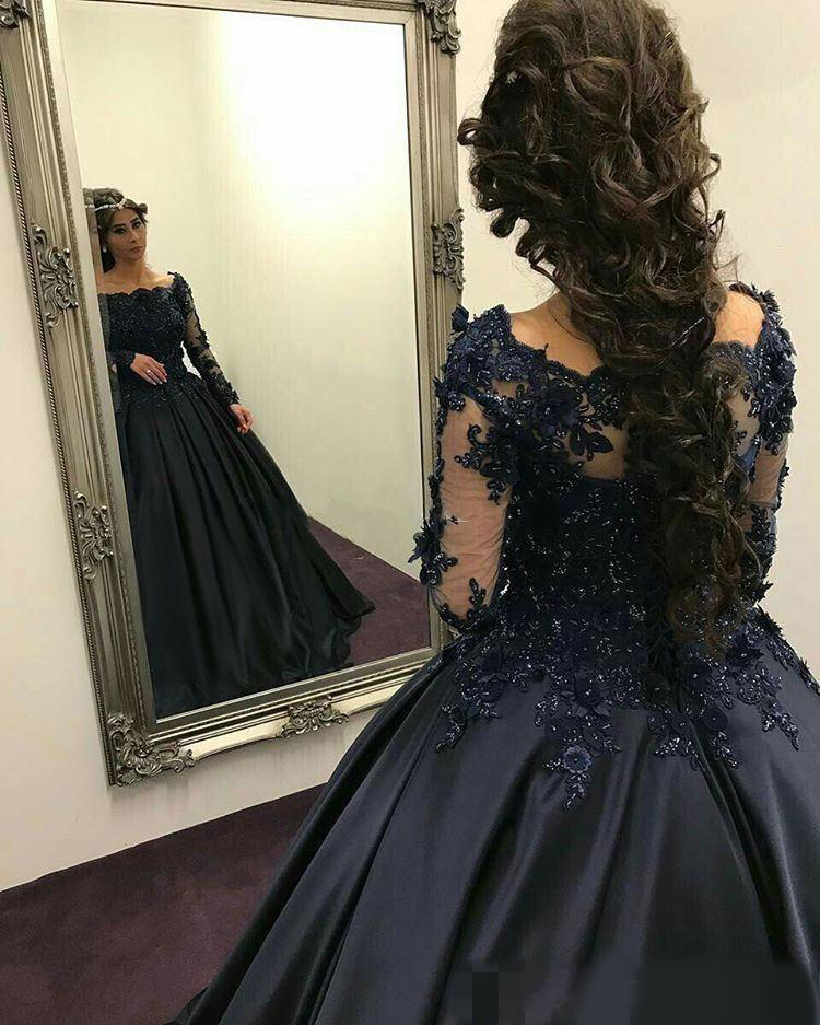Fabulous Off Shoulder Dark Blue Quinceanera Dresses Lace Beads Lace Up Back Satin Ball Gown Prom Dresses