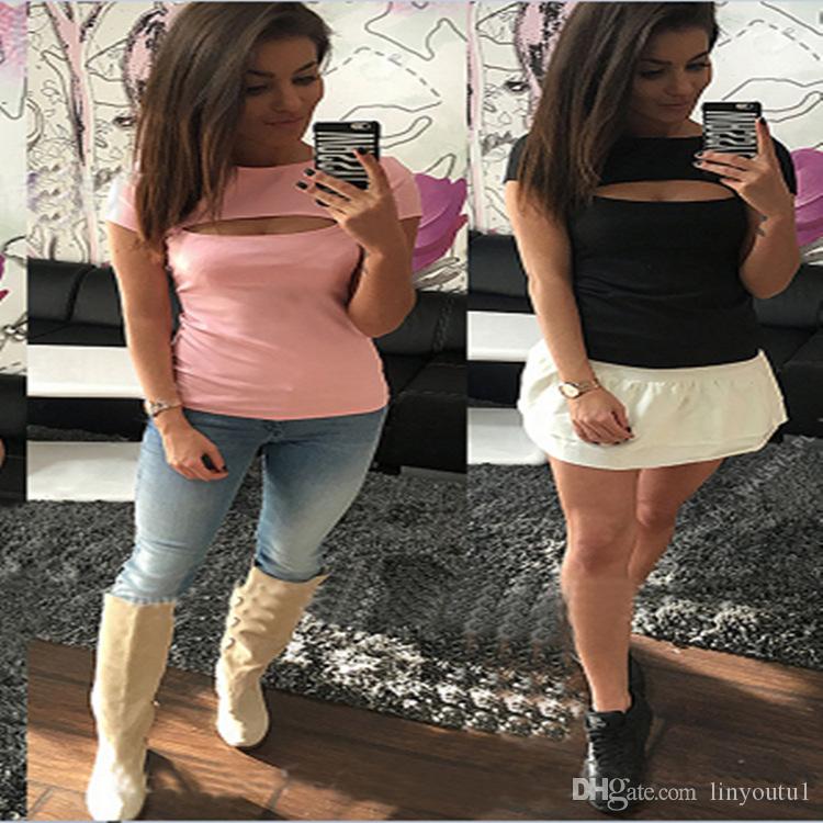 2020 Chest Hole Open T-shirtsWomen's Fashion Summer Sexy Short Sleeve Show Chest Slim T-shirt Top O-neck Femme Casual Tee