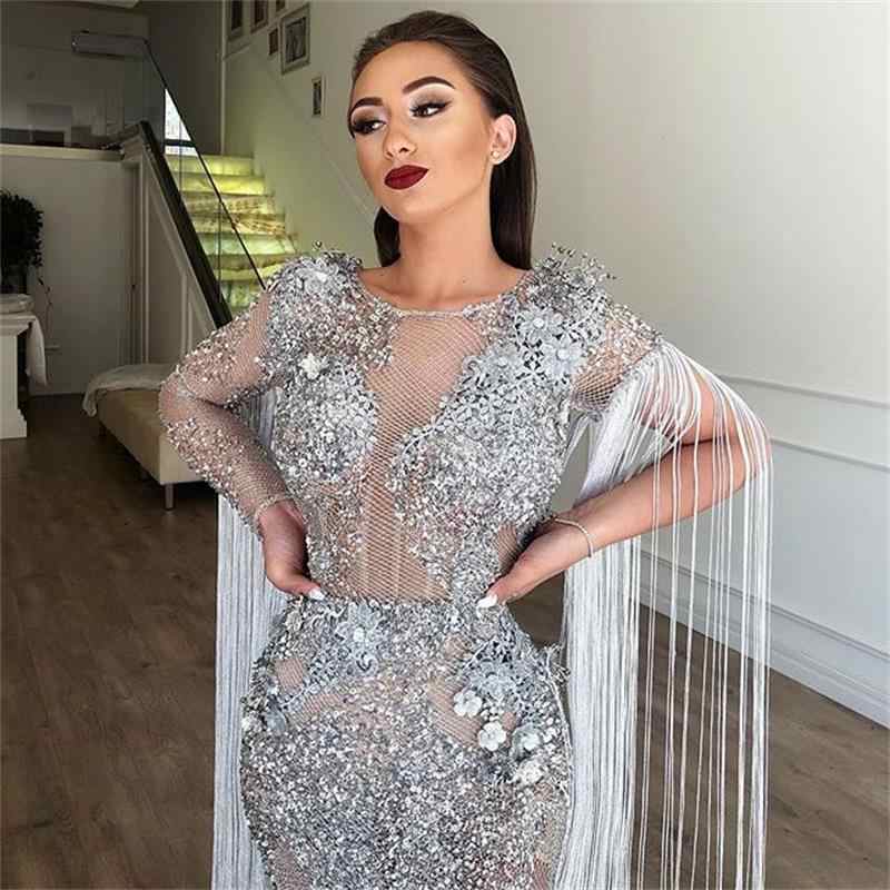 Silver Mermaid Prom Dresses Jewel Neck Lace 3D Floral Appliqued Beads Illusion Evening Dress Party Wear Custom Made Formal Party Gowns