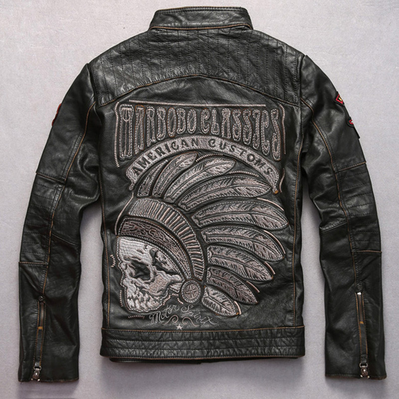 genuine black Skulls cowskin motorcycle chief pattern wind jacket biker leather coat men
genuine black Skulls cowskin motorcycle chief pattern wind jacket biker leather coat men