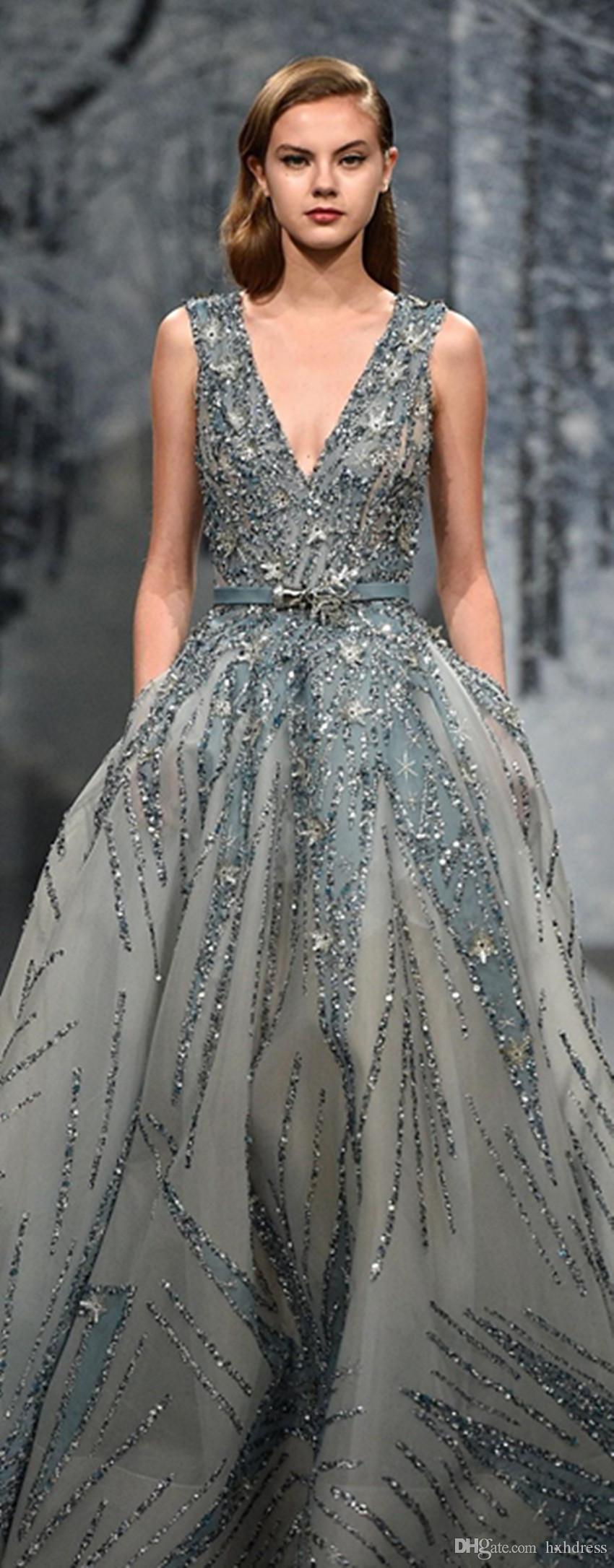 Ziad Nakad Evening Gown Deep V Neck Beads Sequins Bling Prom Dresses Floor Length Bling Formal Dress Evening Wear Party Dress Plus Size 4271