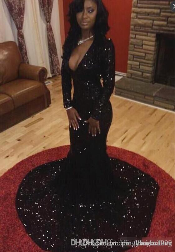 2019 Bling Long Sleeves Mermaid Prom Dresses Sequins Sexy Plunging Neckline Court Train Evening Gowns Women Formal Party Dress Cheap