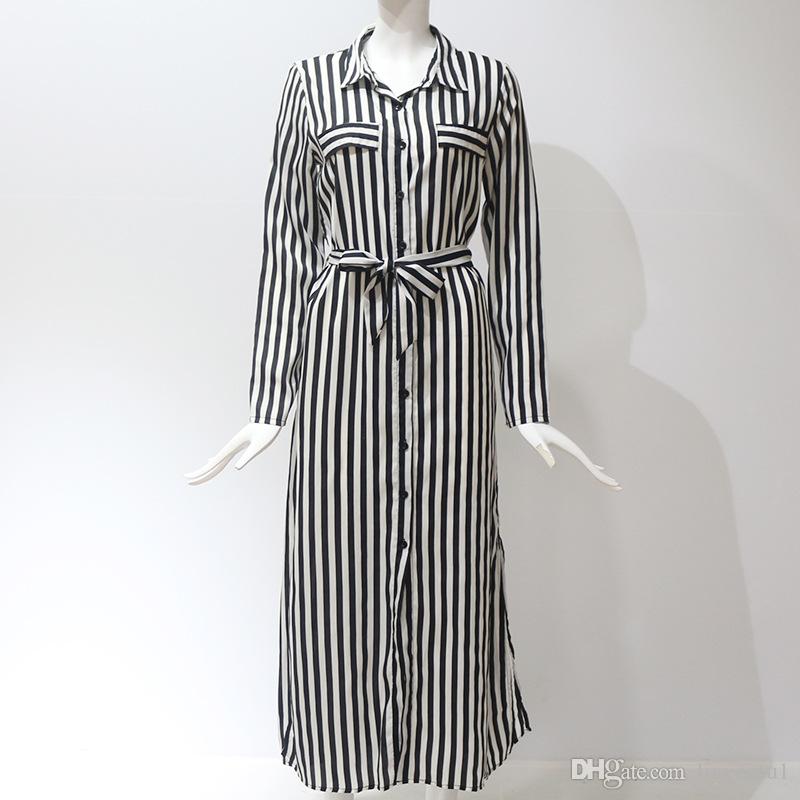 2020 Turn Down Collar Office Ladies Stripe Shirt Dress Long Chiffon Beach Dress Casual Long Sleeve Elegant Party Dress