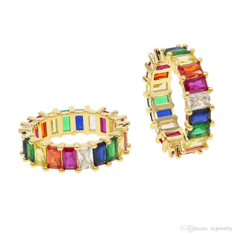 New women rainbow color engagement band rings for women Luxury gorgeous european lady jewelry paved full cz eternity bands ring