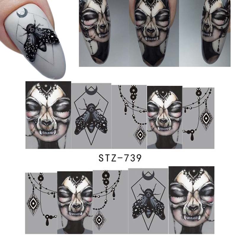 Halloween Self-adhesive Nail Sticker Water Transfer Decals for Manicure Nail Art Horror Cool Skull Ghost Pumpkin Decor