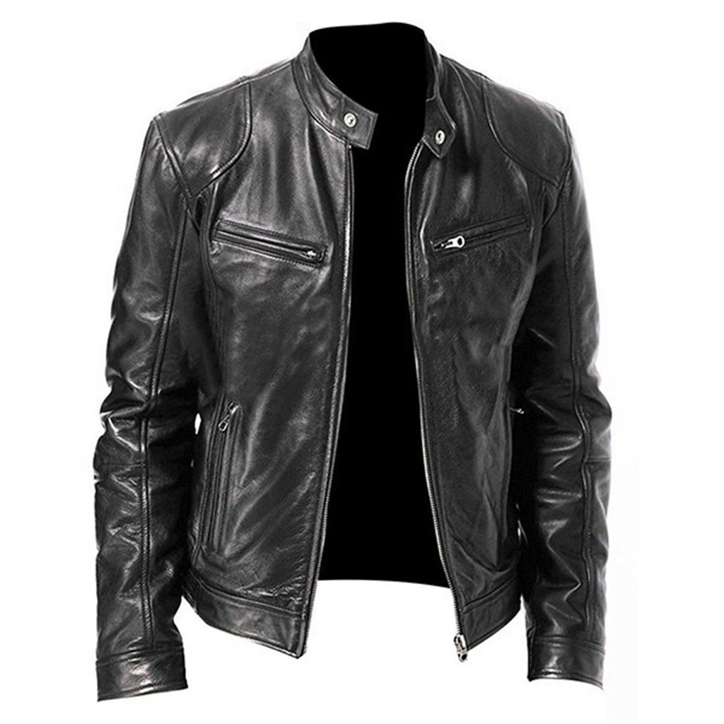 Leather Jacket Men Casual Long Sleeve Vintage Cool Solid Color Comfortable Windproof Autumn Winter Stand Collar Club Coat M0903