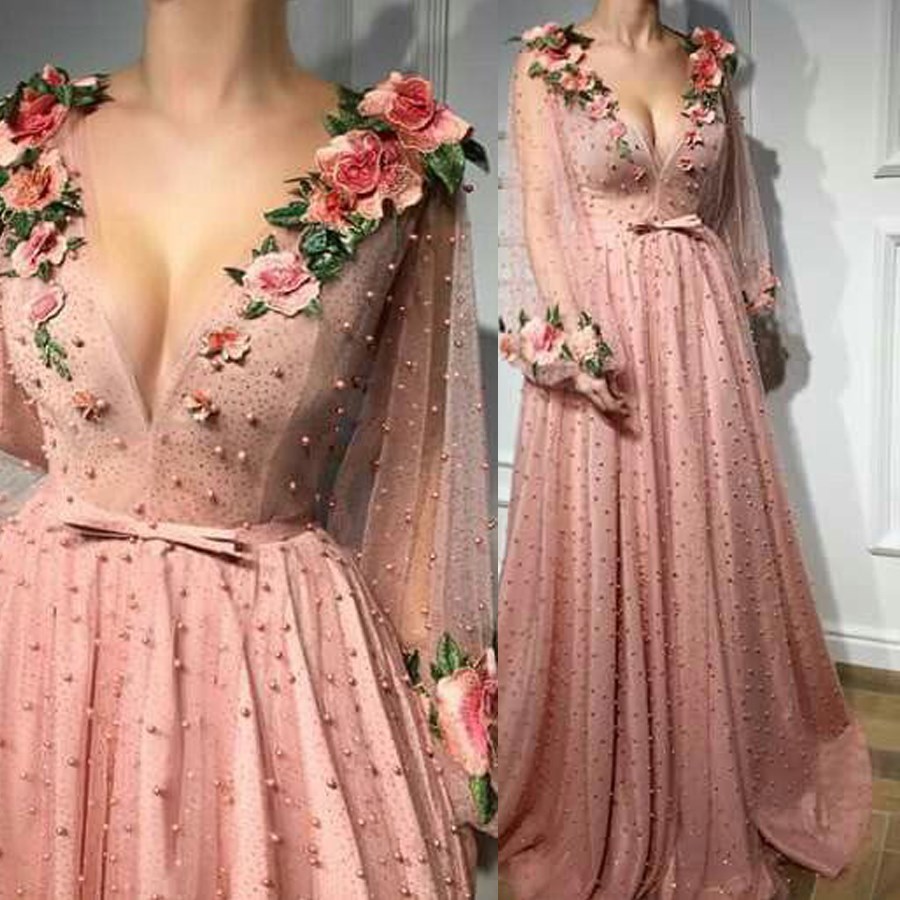 A-line Prom Dresses V neck Pink Long Prom Dress Evening Dresses With 3D Flower Long Sleeves Evening Gowns, Customize
A-line Prom Dresses V neck Pink Long Prom Dress Evening Dresses With 3D Flower Long Sleeves Evening Gowns, Customize